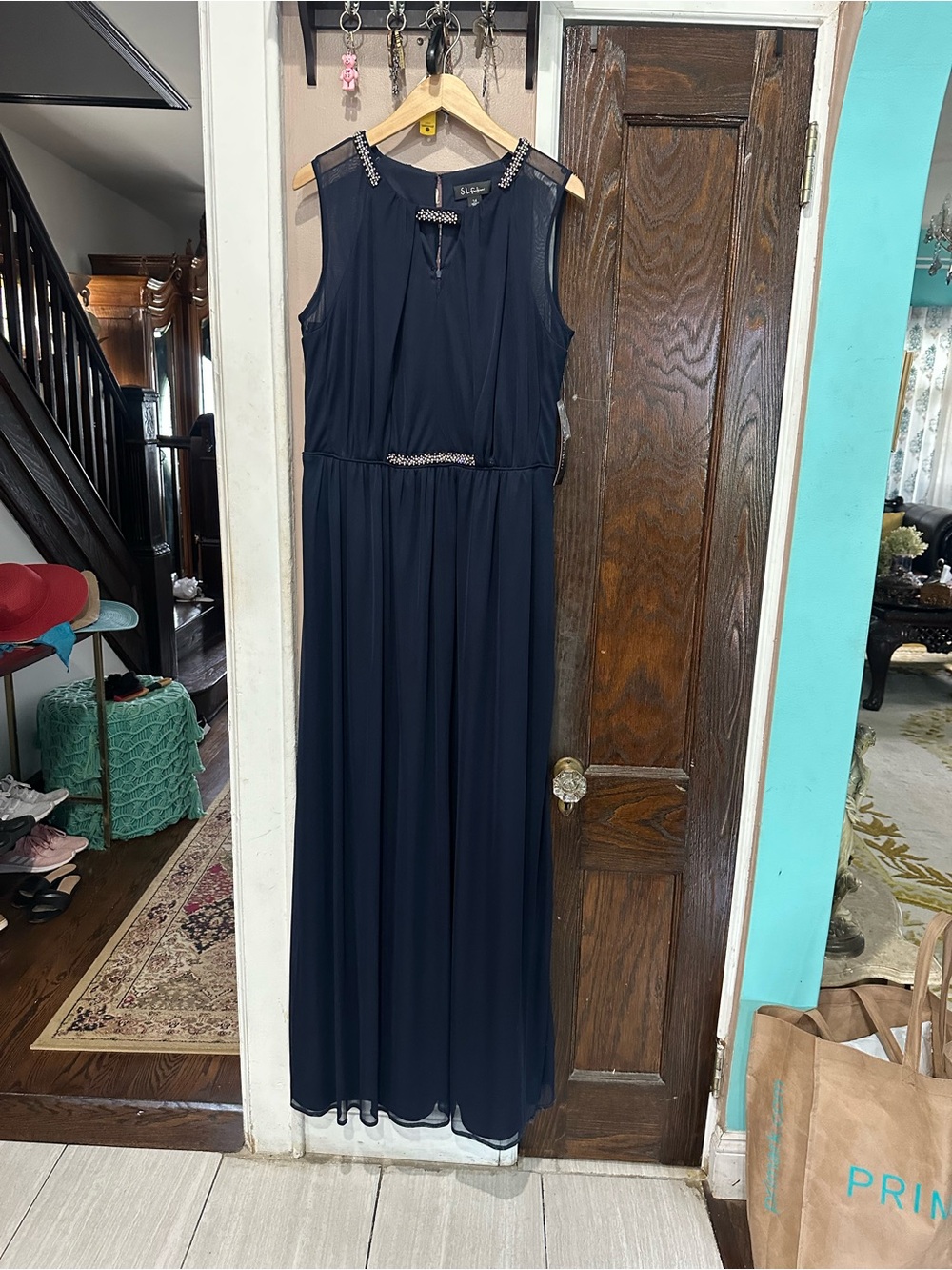 SL Fashions Navy Sleeveless Maxi with Beaded Neckline and Waist